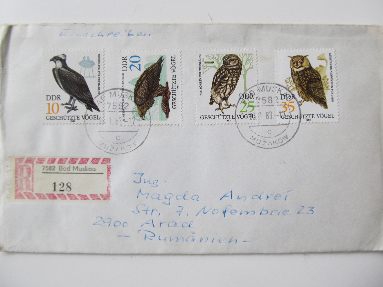 RDG , 1983 4 timbre , pasari de prada , plic circulat